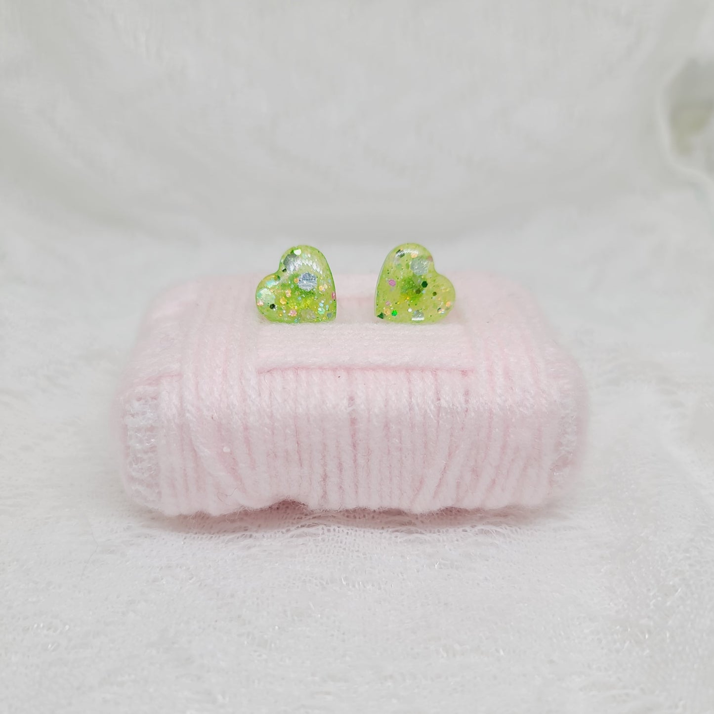 Lime Green Glitter Heart Stud Earrings