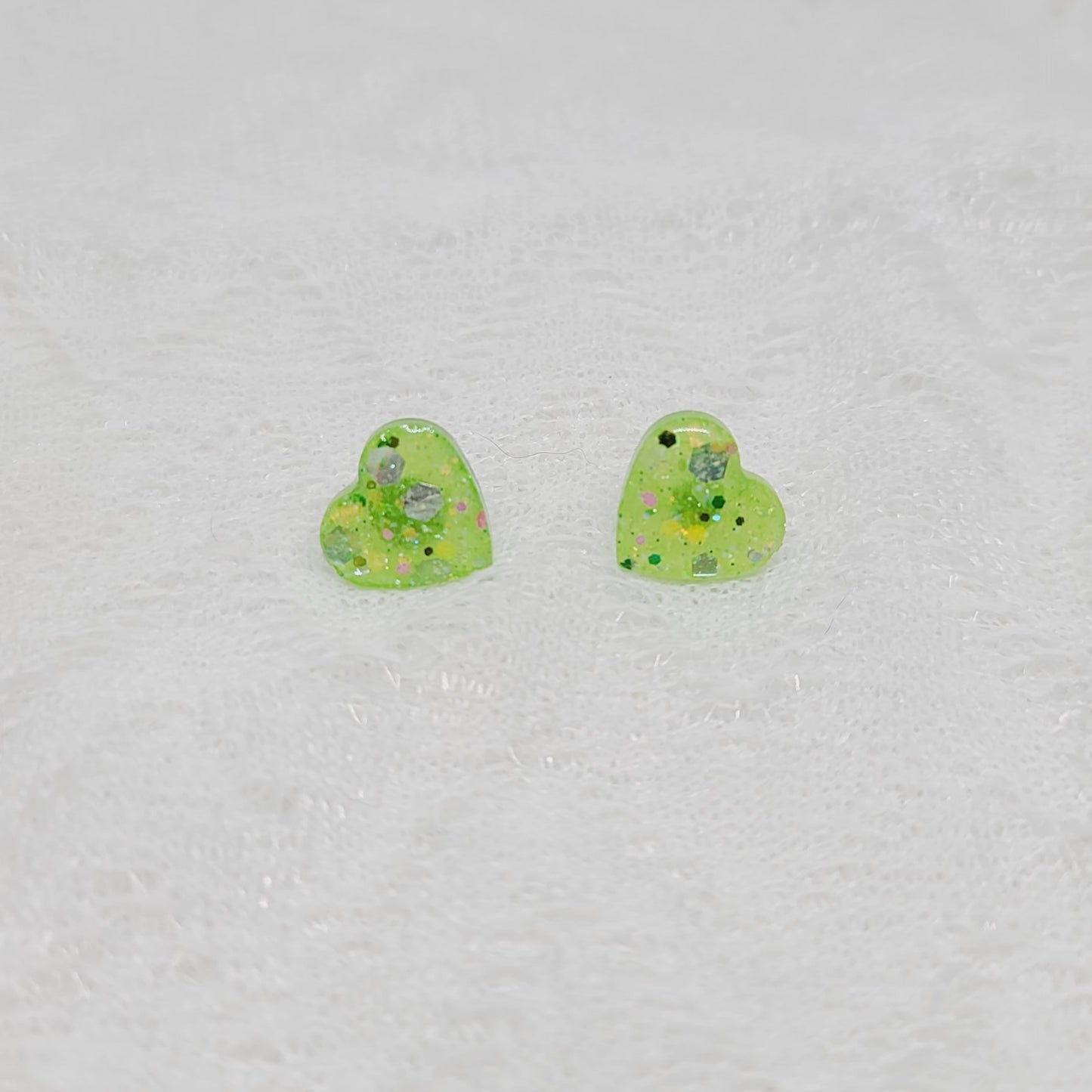 Lime Green Glitter Heart Stud Earrings