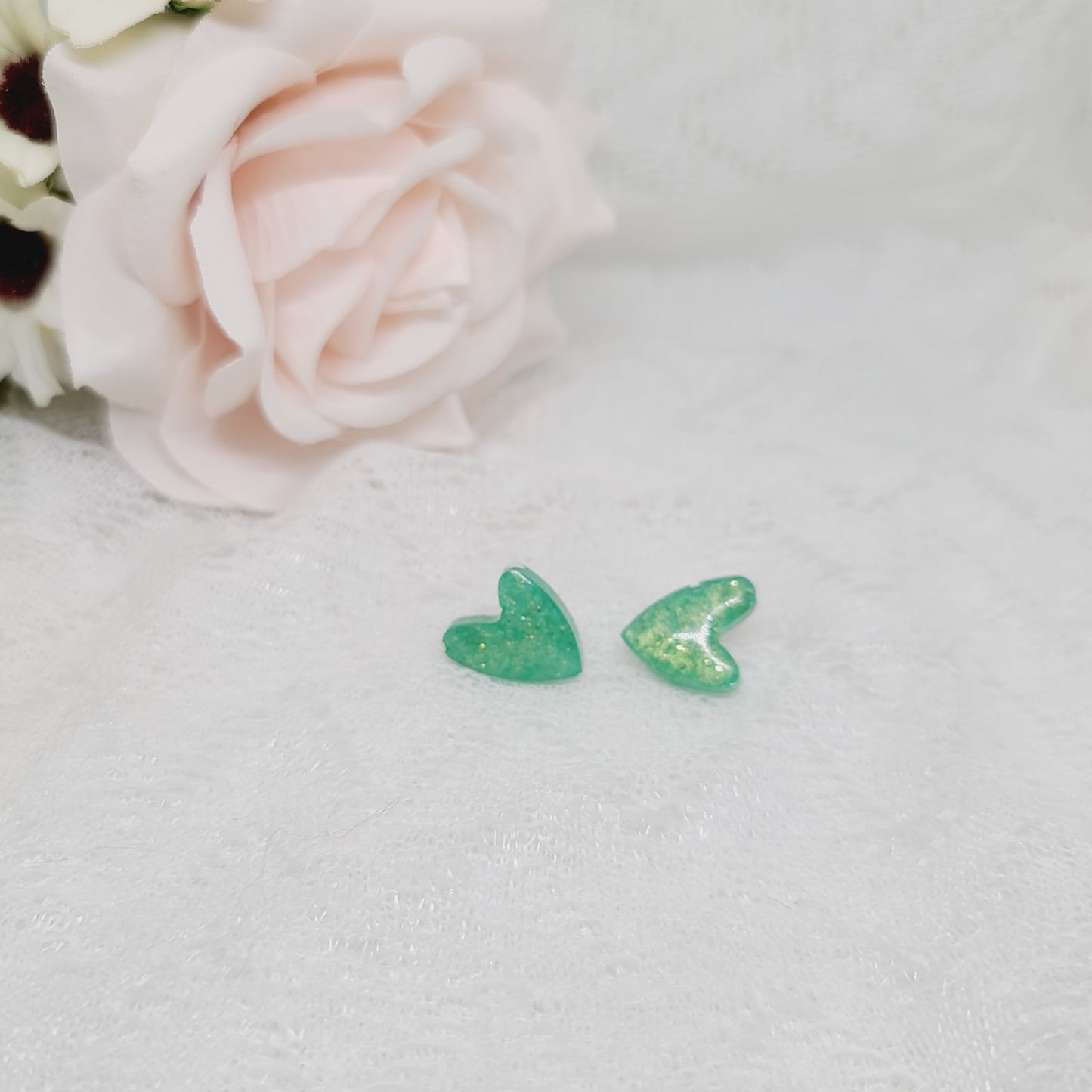 Green Shimmer Heart Stud Earrings