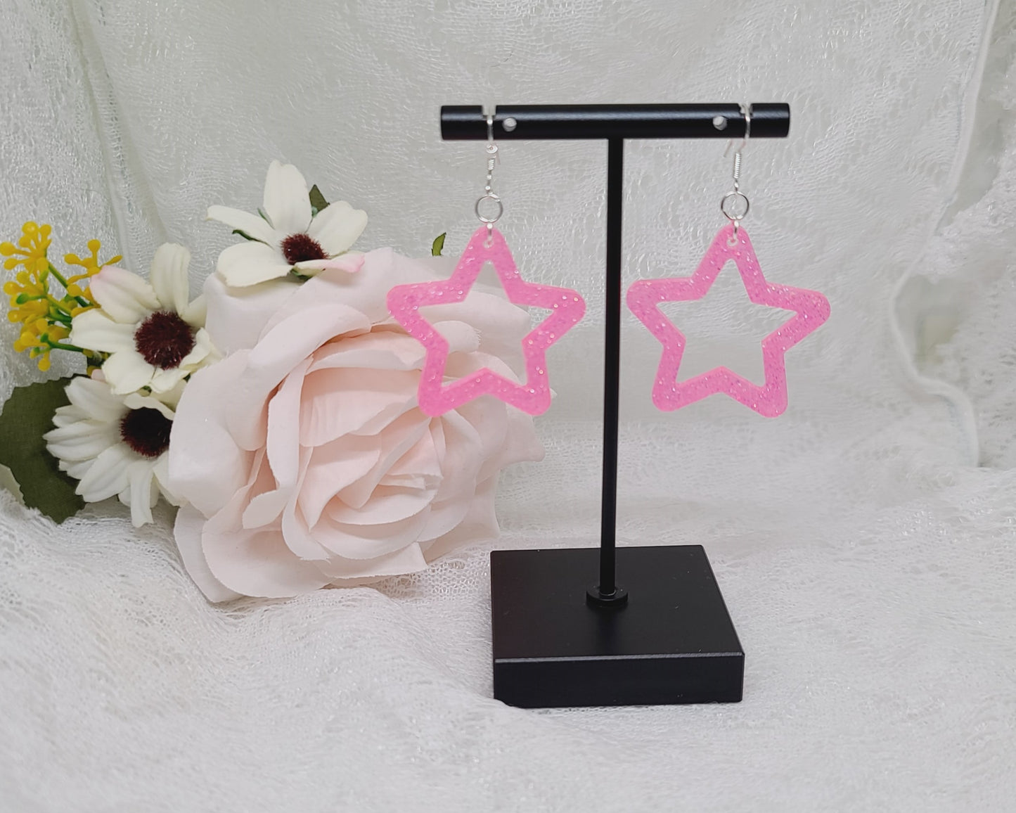 Hot Pink Star Dangle Earrings