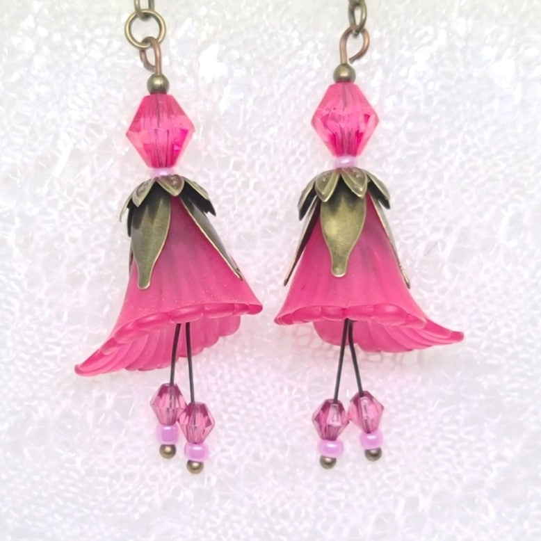 Pink Lucite Flower Dangle Earrings