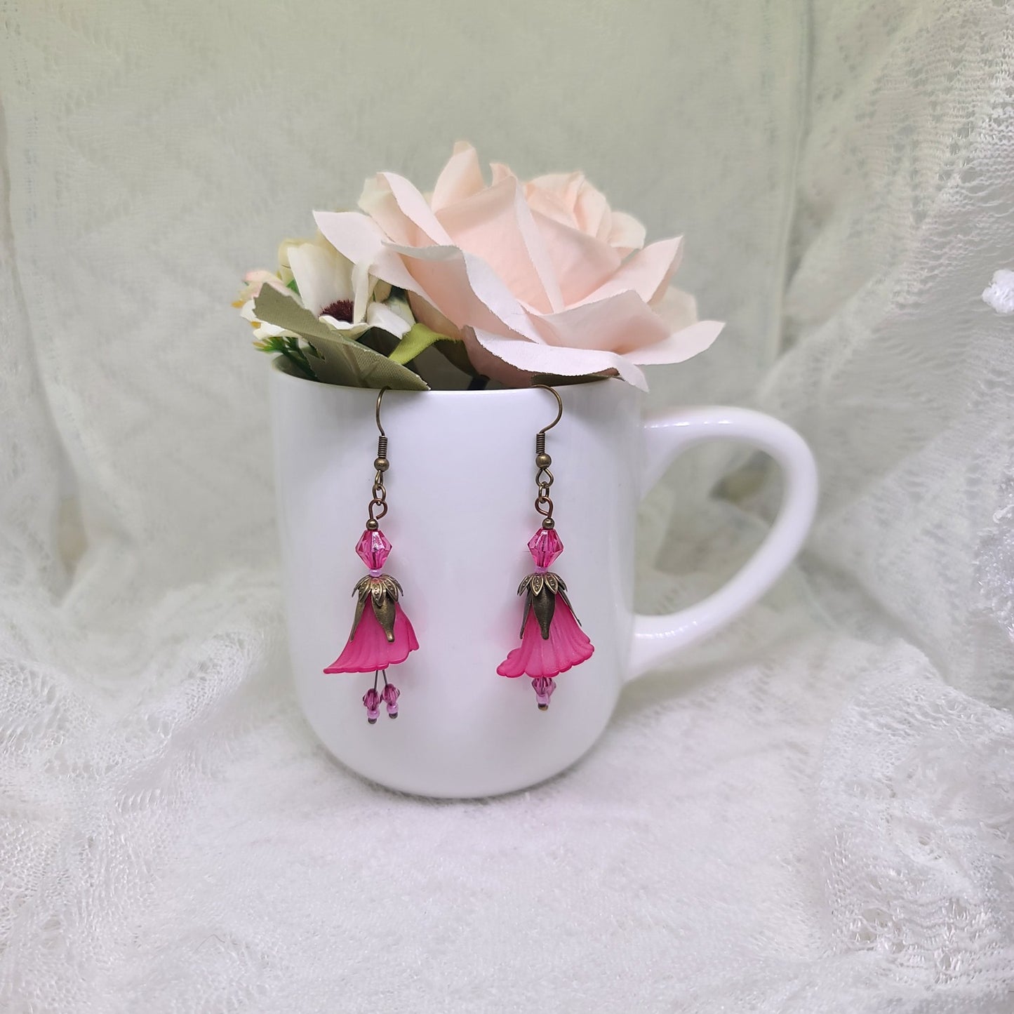 Pink Lucite Flower Dangle Earrings