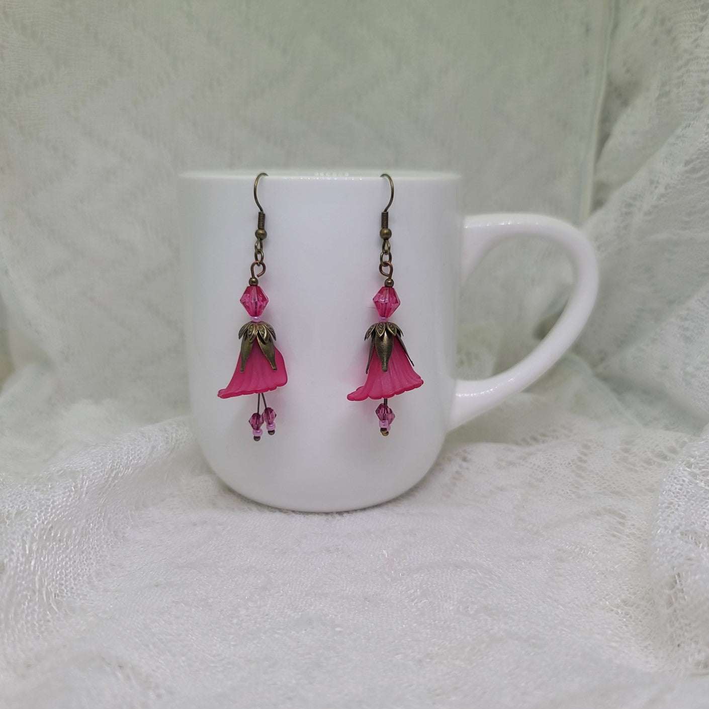 Pink Lucite Flower Dangle Earrings