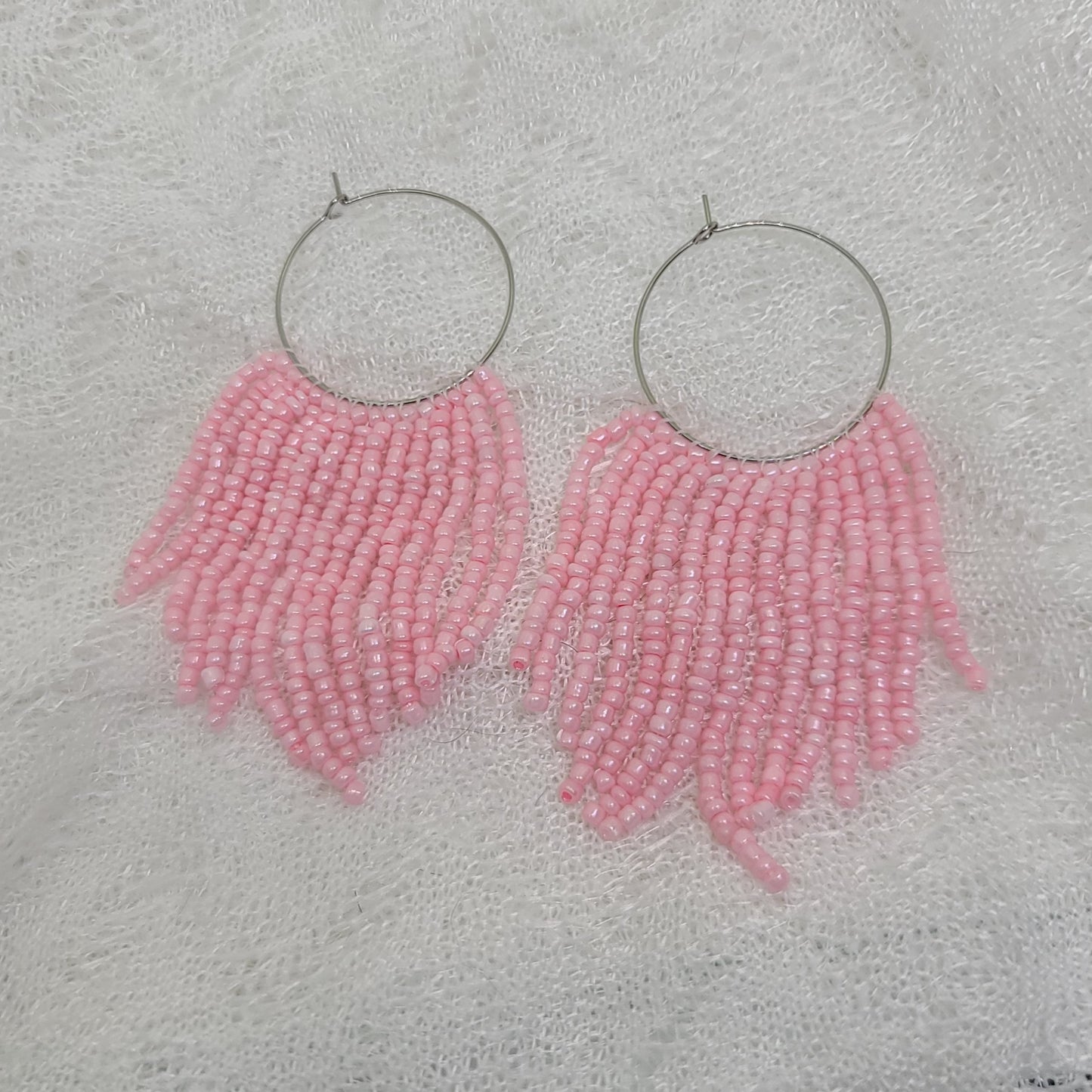 Baby Pink Beaded Fringe Hoop Earrings (Discounted)