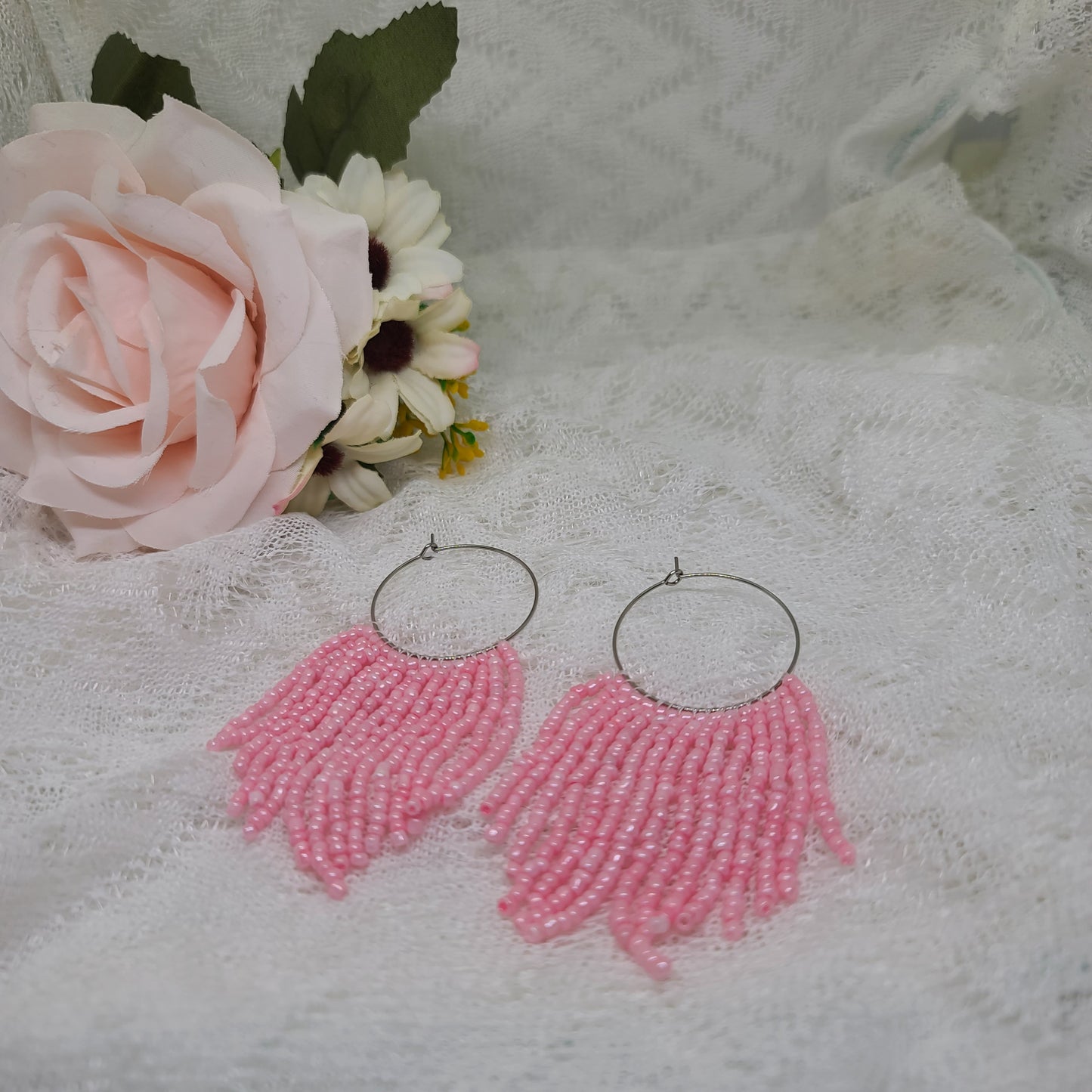 Baby Pink Beaded Fringe Hoop Earrings (Discounted)