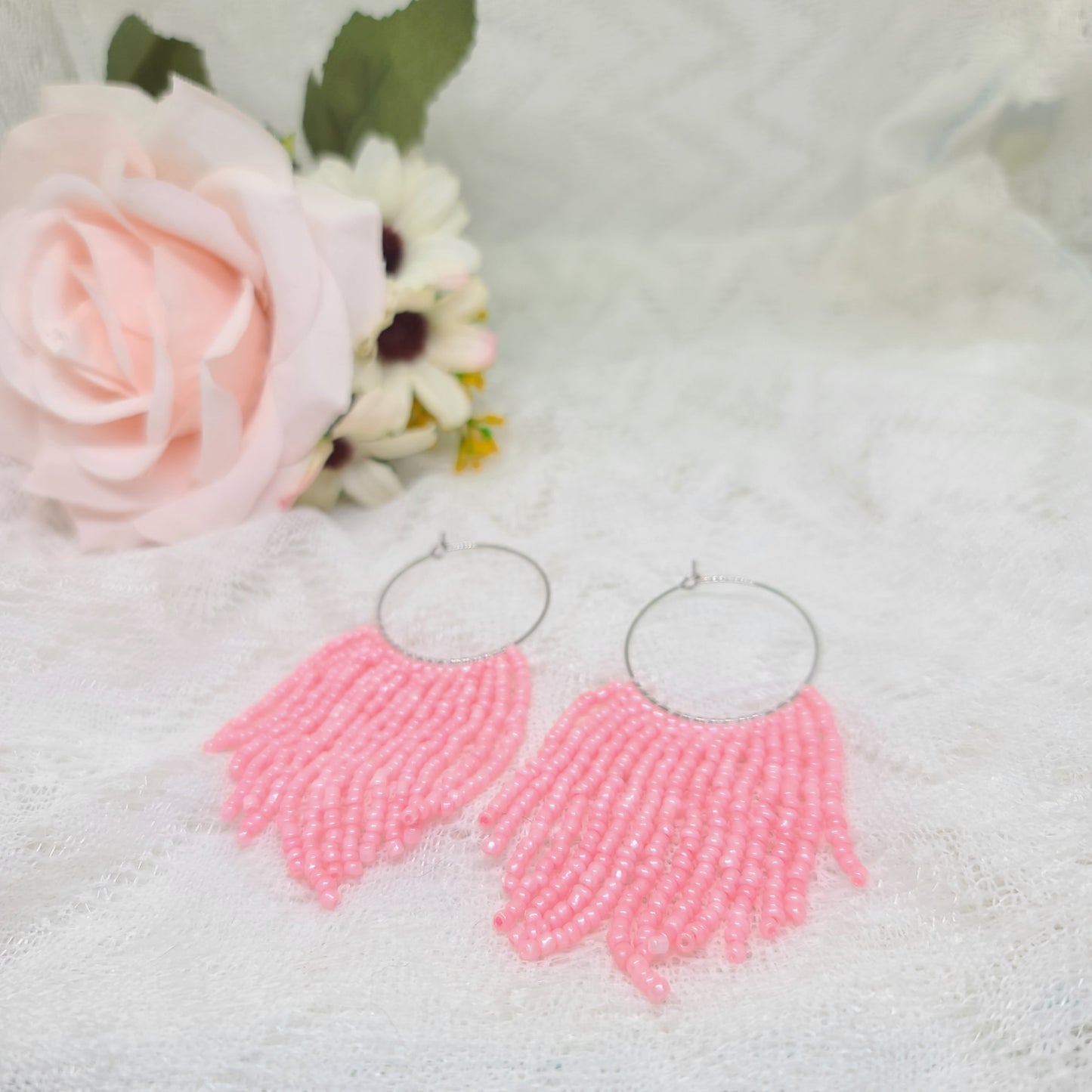 Baby Pink Beaded Fringe Hoop Earrings (Discounted)