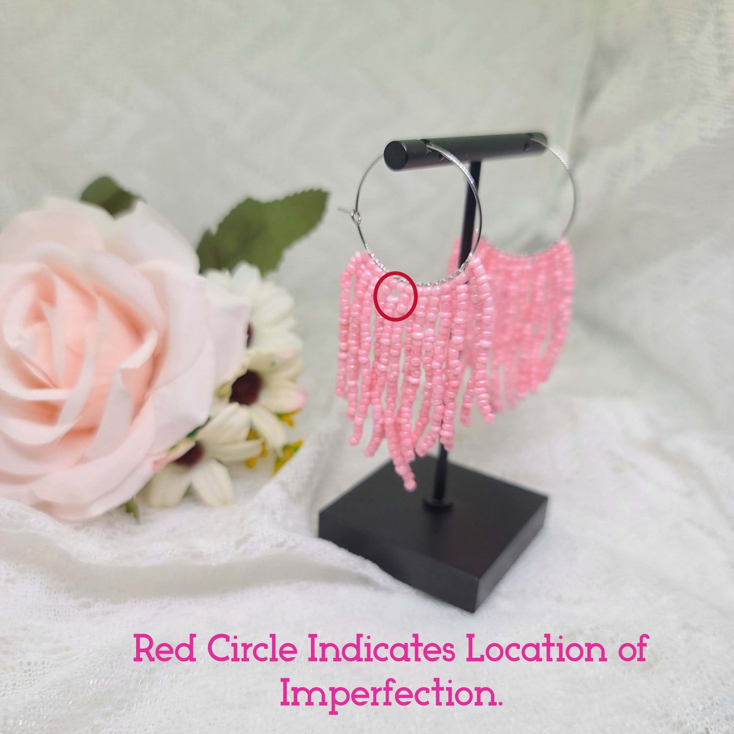 Baby Pink Beaded Fringe Hoop Earrings (Discounted)