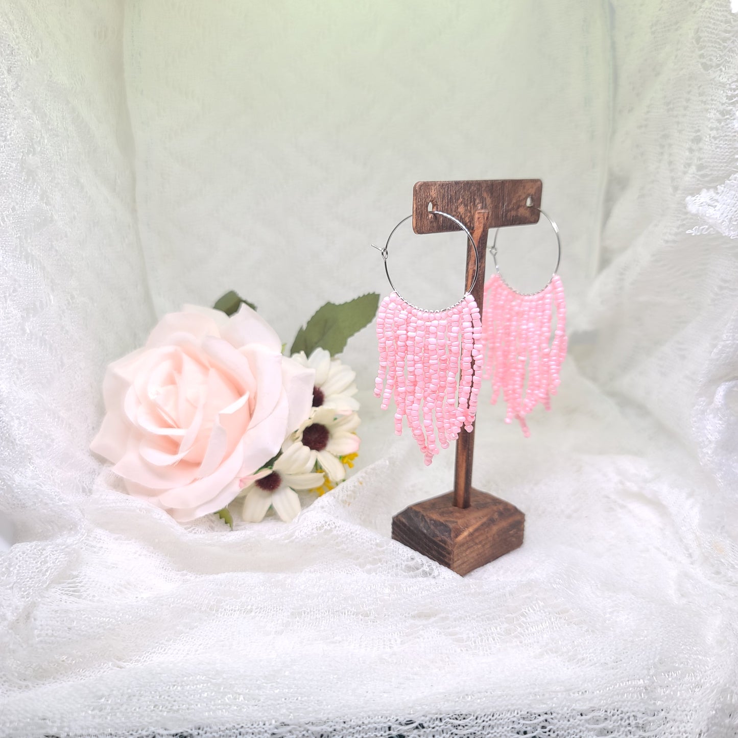 Baby Pink Beaded Fringe Hoop Earrings (Discounted)