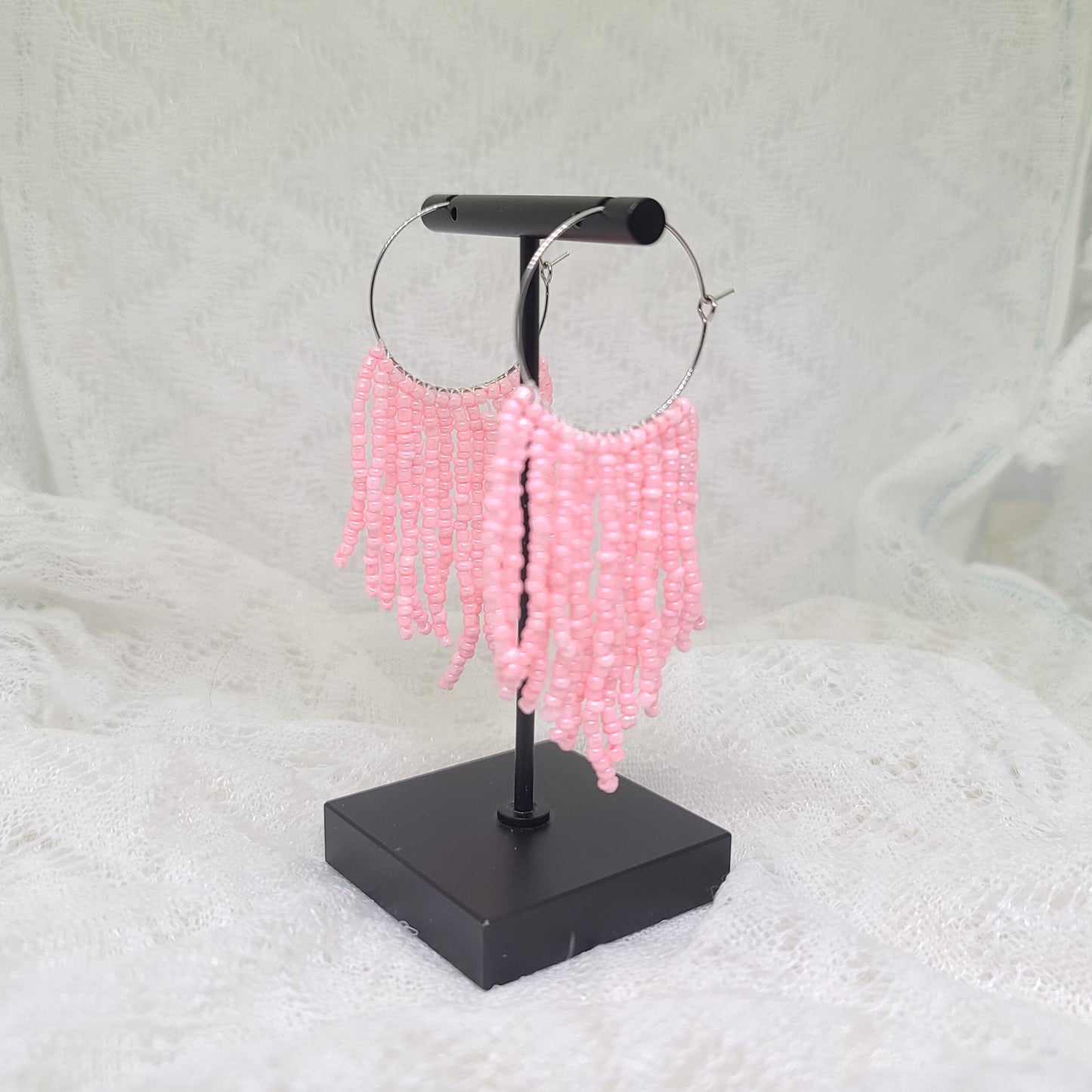 Baby Pink Beaded Fringe Hoop Earrings (Discounted)