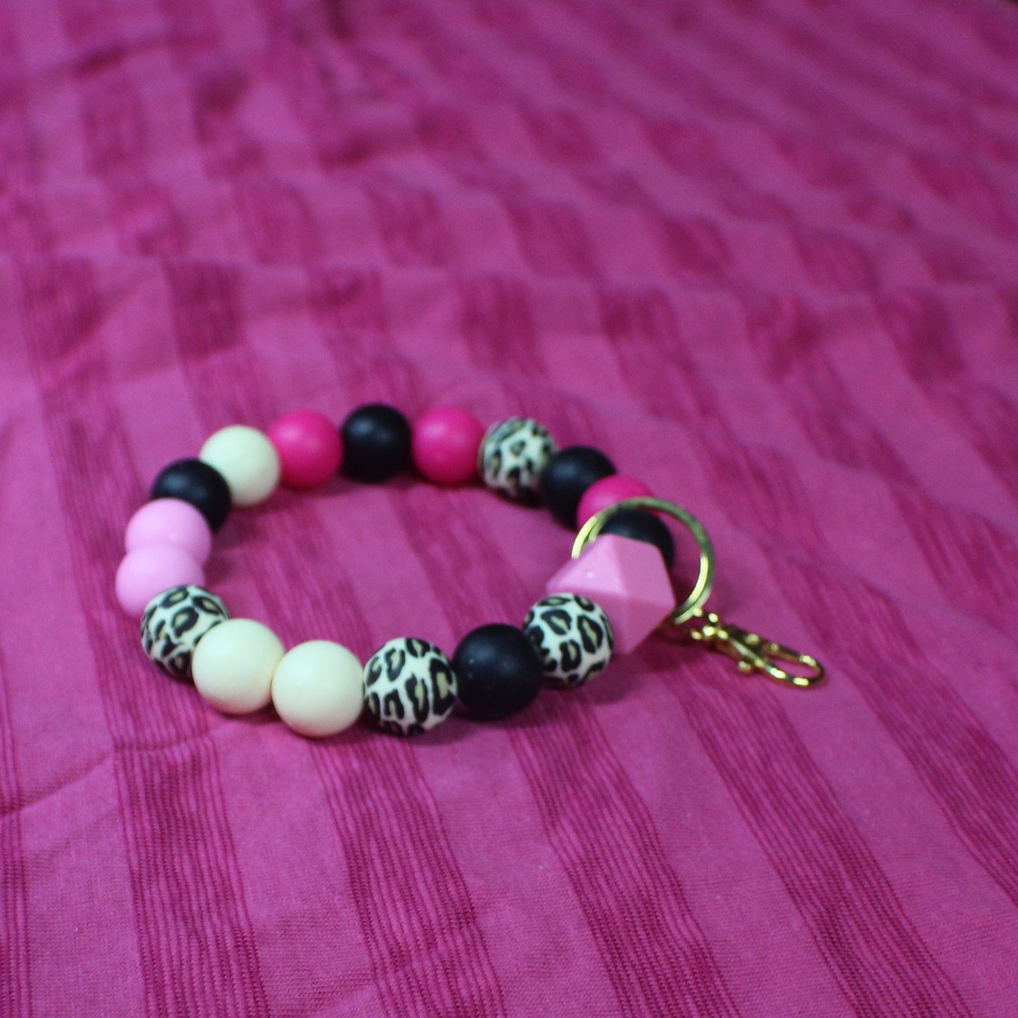 Pink & Black Silicone Bead Wristlet Keychain