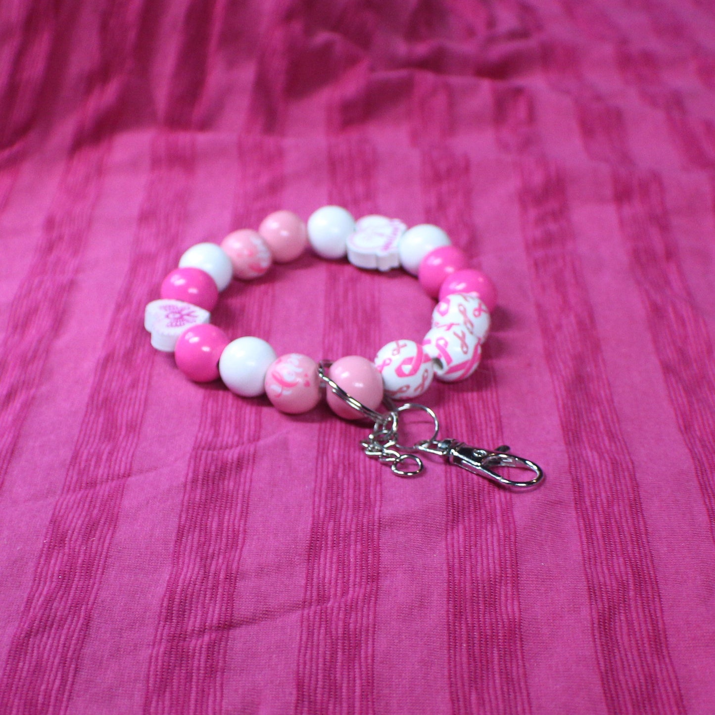 Pink Breast Cancer Awareness Themed Wristlet Keychain