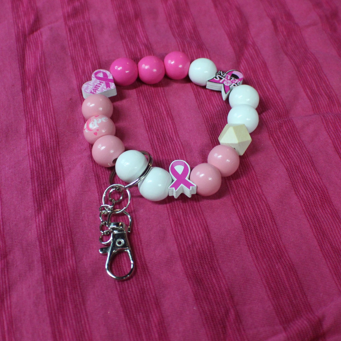 Pink Breast Cancer Awareness Themed Wristlet Keychain