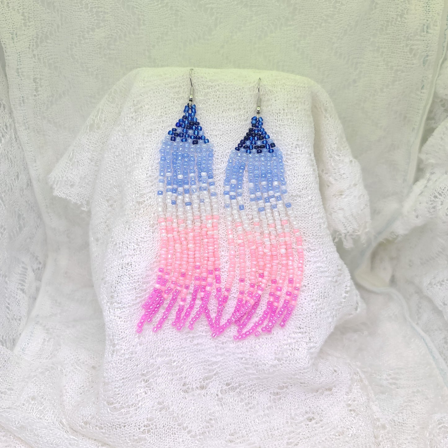 Blue to Pink Fade Fringe Beaded Earrings