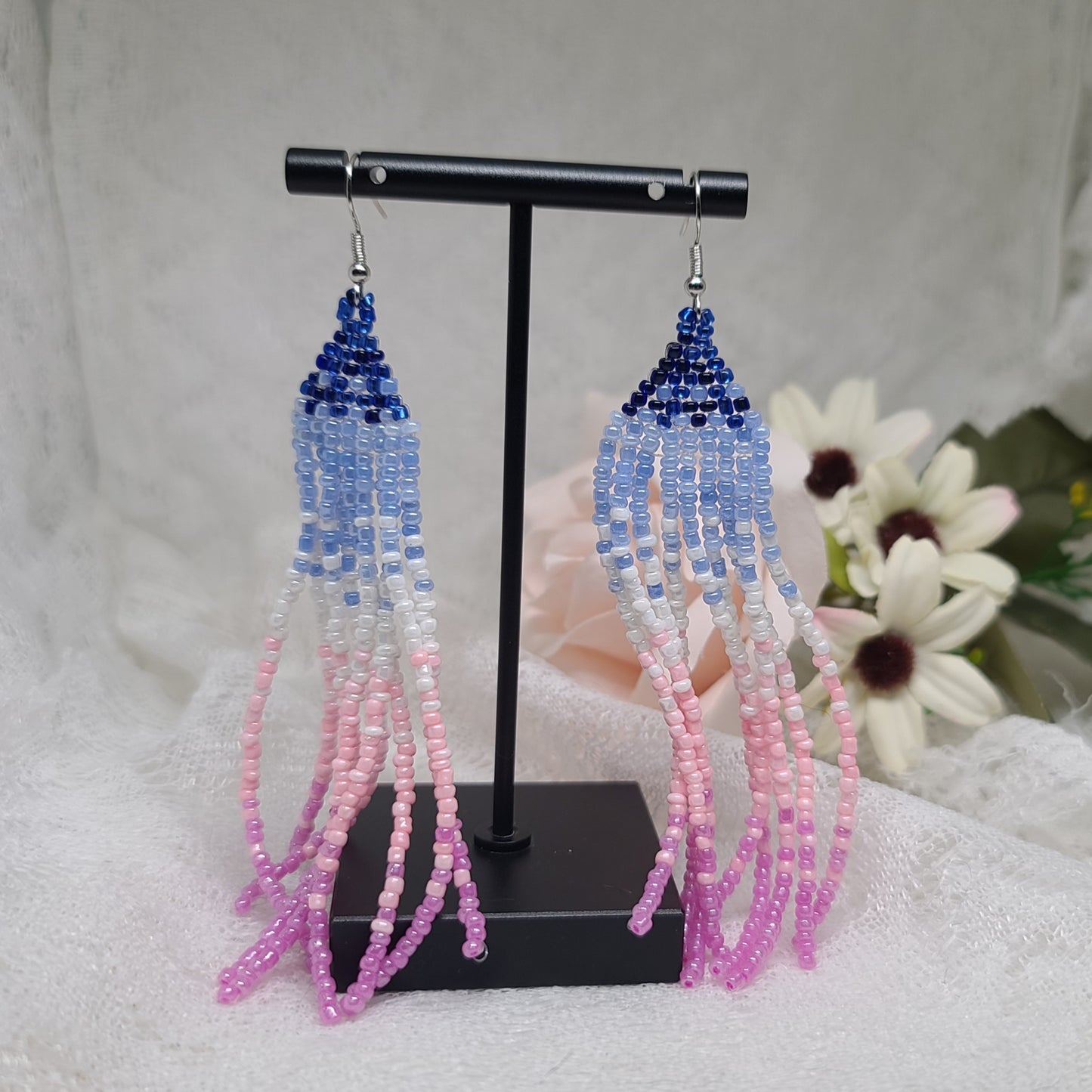 Blue to Pink Fade Fringe Beaded Earrings