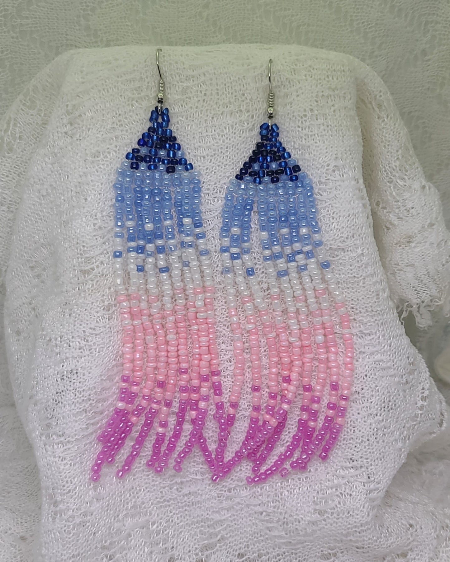 Blue to Pink Fade Fringe Beaded Earrings