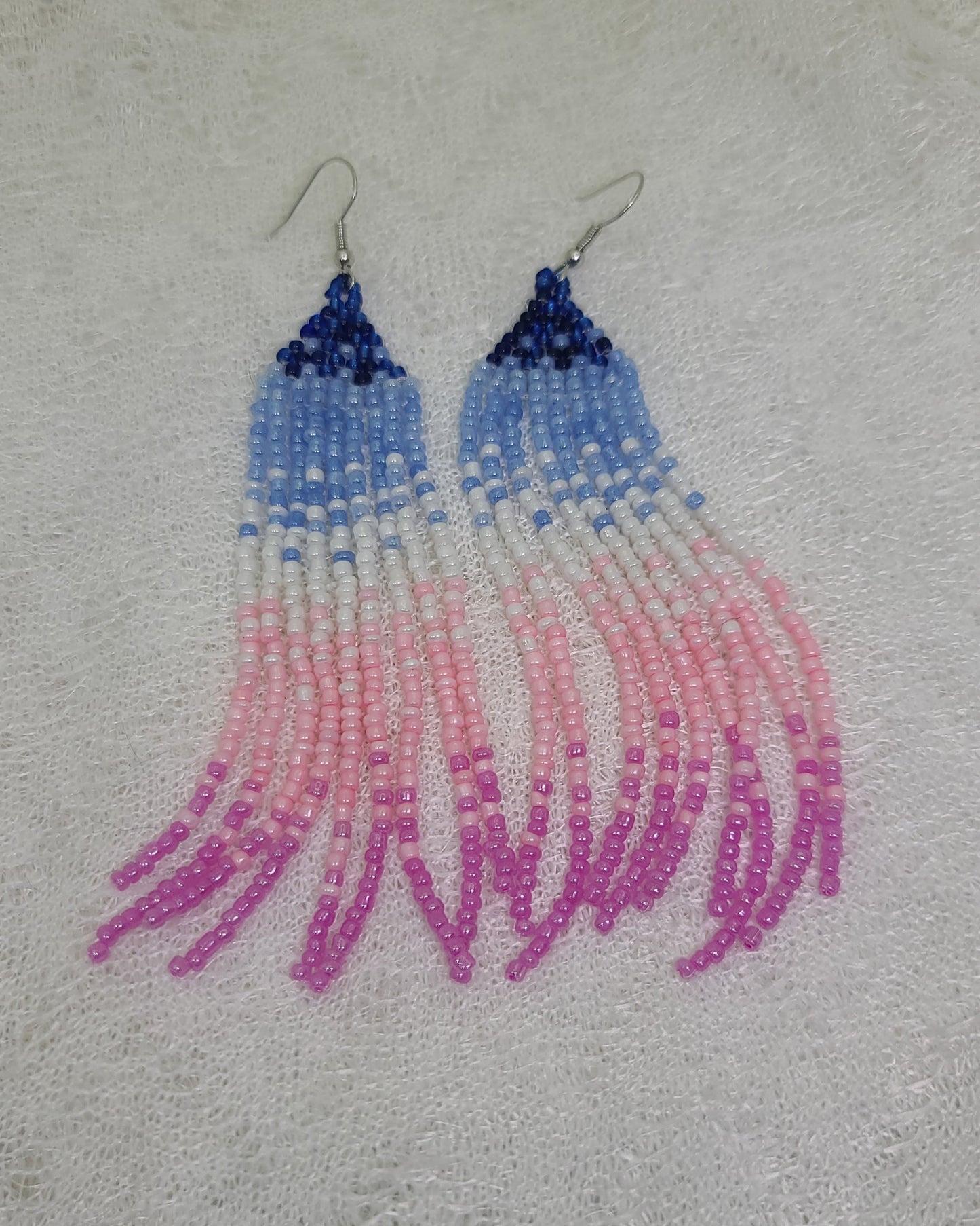 Blue to Pink Fade Fringe Beaded Earrings