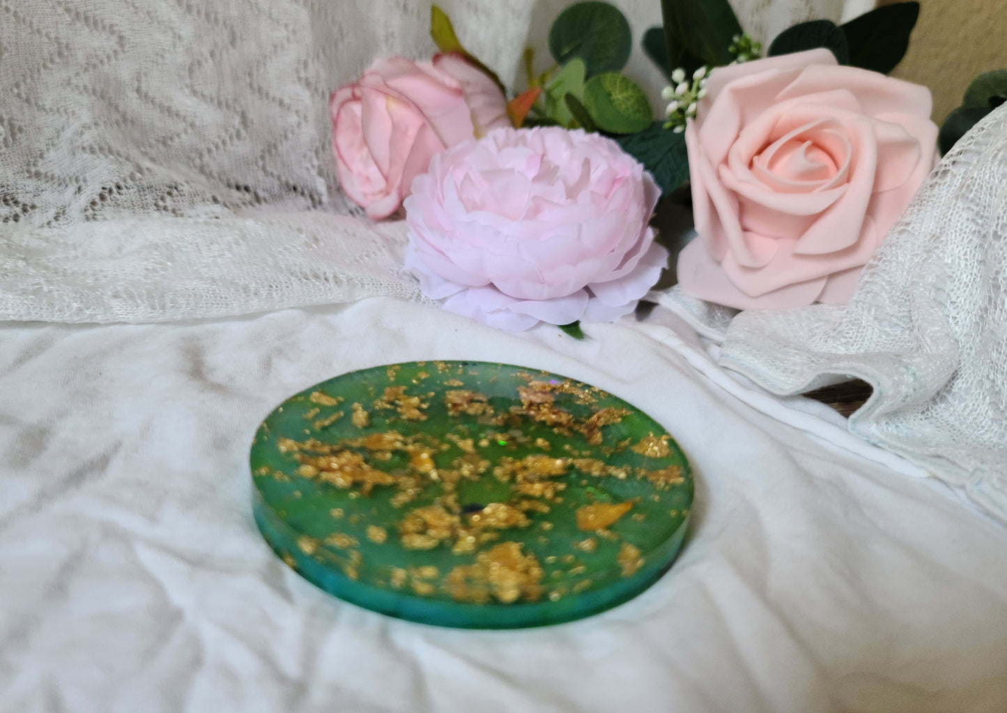 Green & Gold Resin Coaster, Trinket Tray