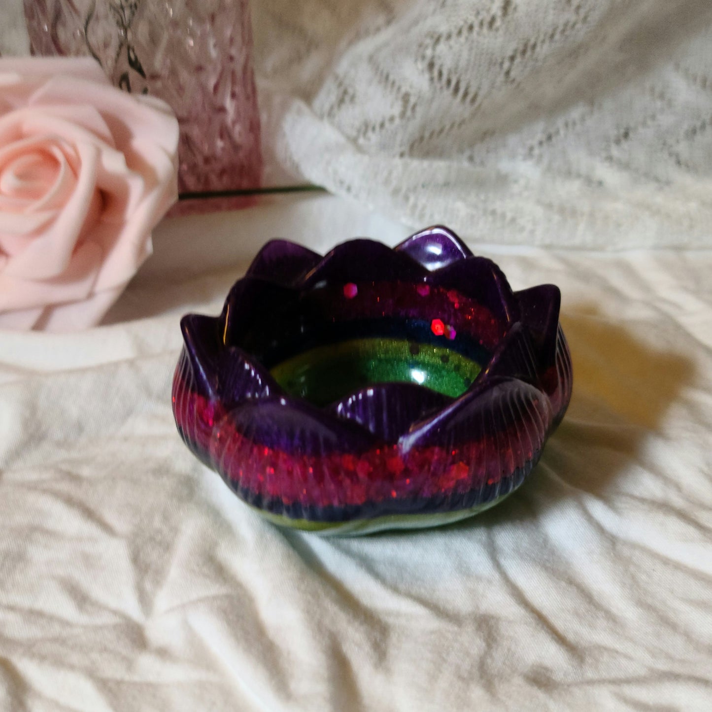 Purple, Green, & Pink Flower Candle Holder, Resin