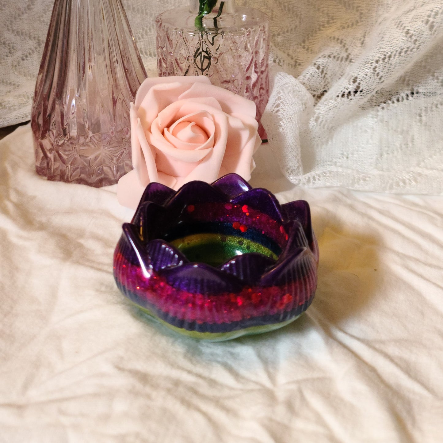 Purple, Green, & Pink Flower Candle Holder, Resin