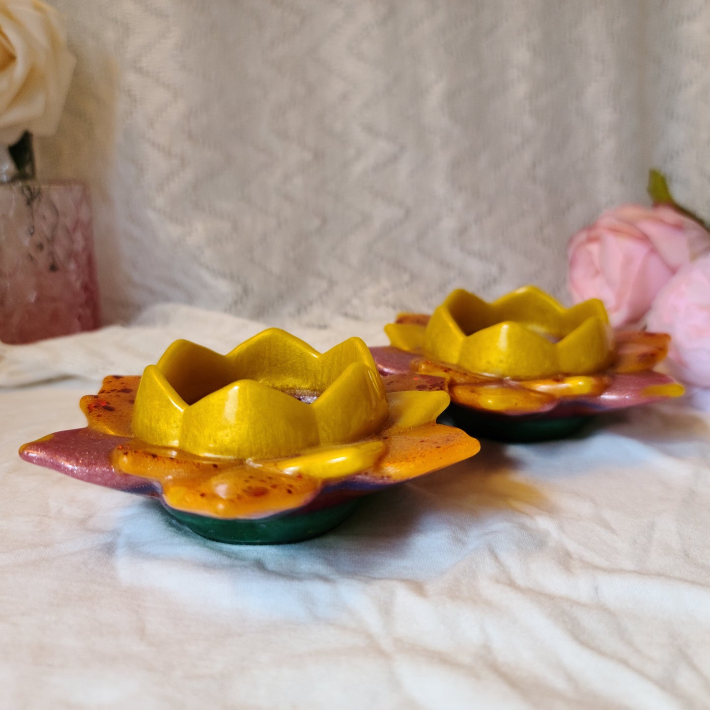 Rainbow Flower Candle Holders, Set of 2, Resin