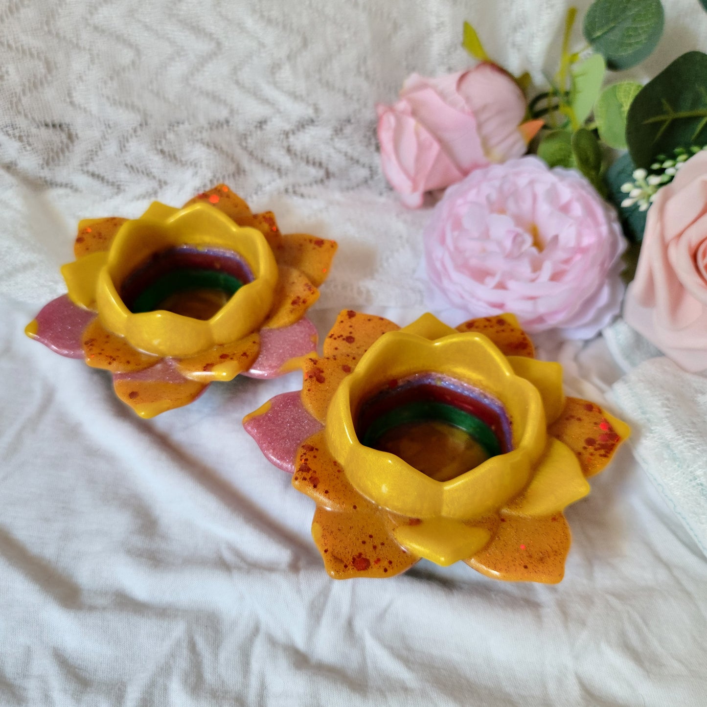 Rainbow Flower Candle Holders, Set of 2, Resin