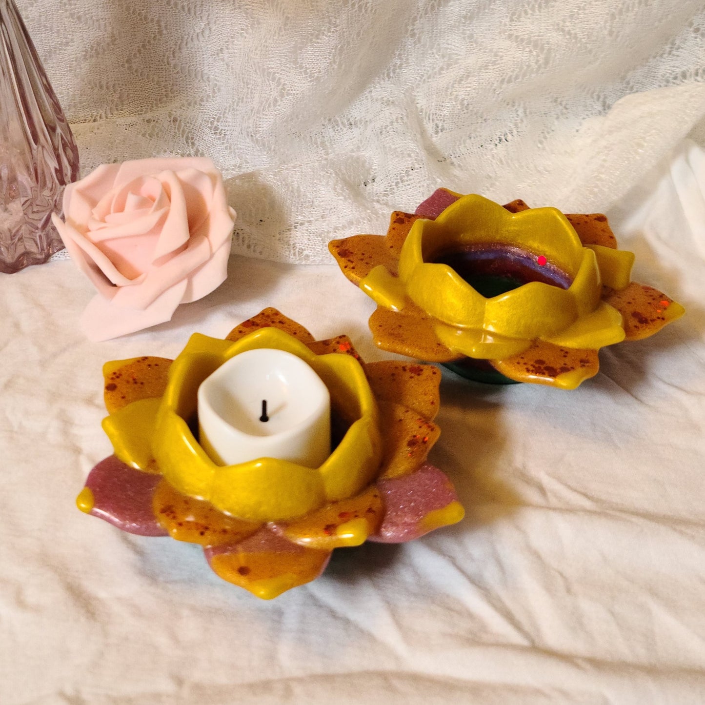 Rainbow Flower Candle Holders, Set of 2, Resin