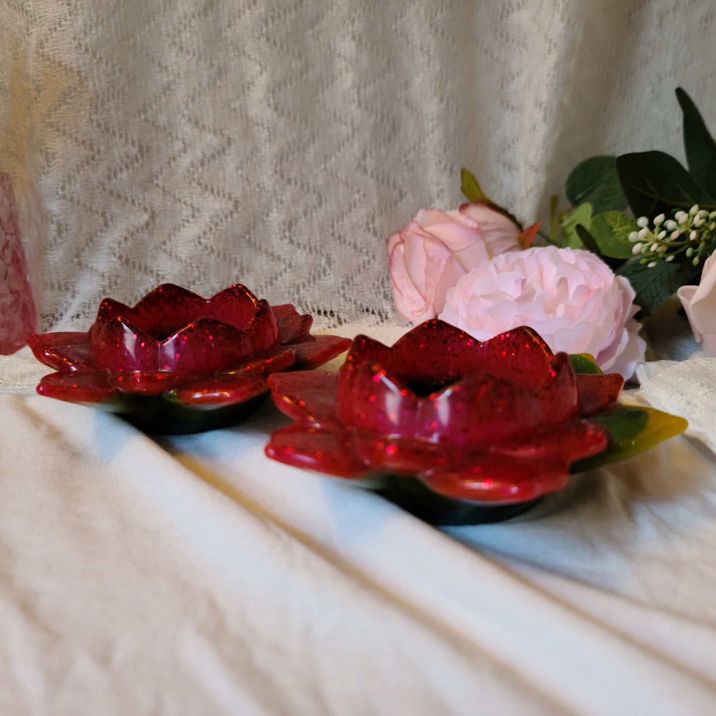 Red & Green Flower Candle Holders, Set of 2, Resin