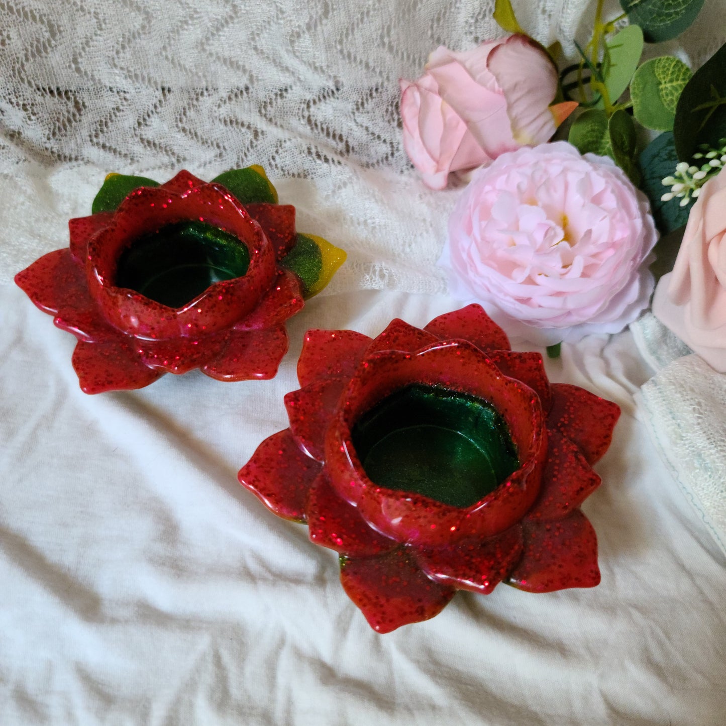 Red & Green Flower Candle Holders, Set of 2, Resin