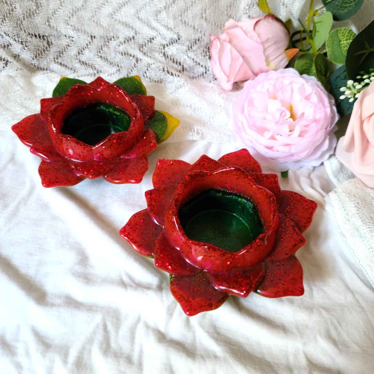 Red & Green Flower Candle Holders, Set of 2, Resin