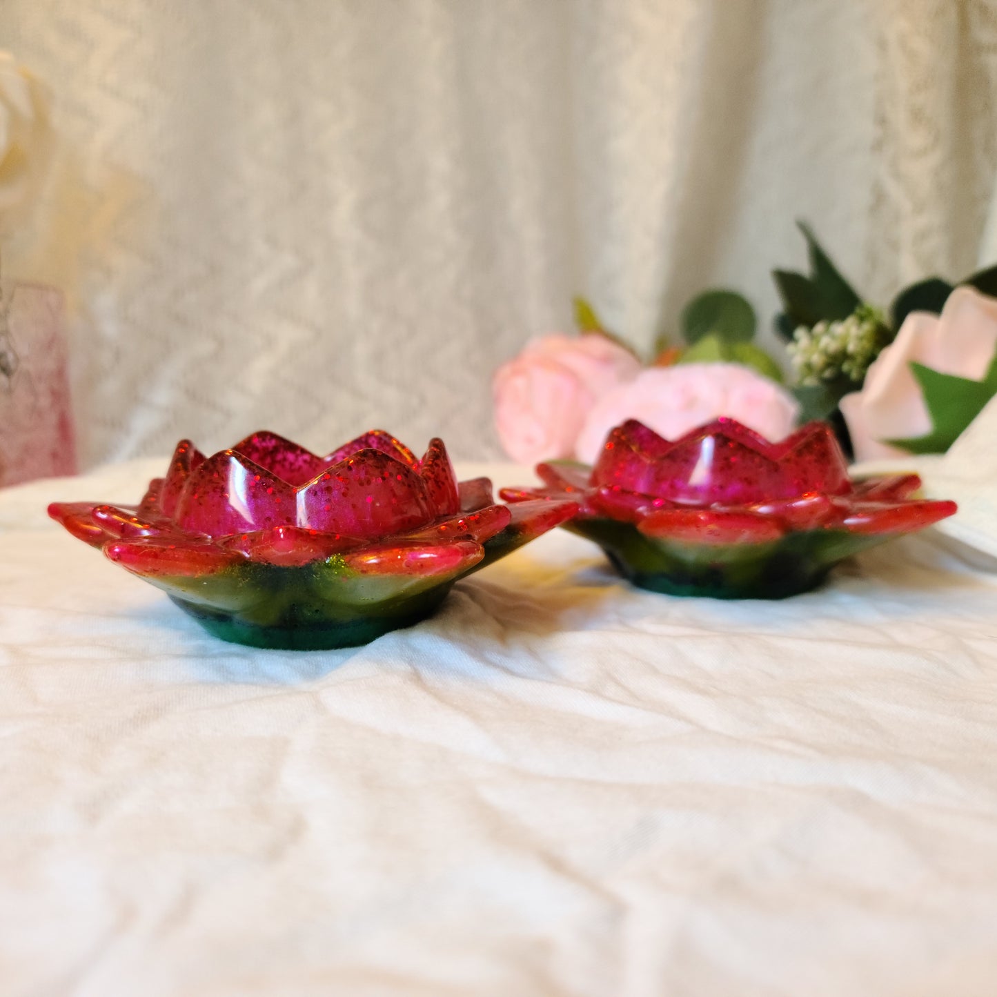 Red & Green Flower Candle Holders, Set of 2, Resin