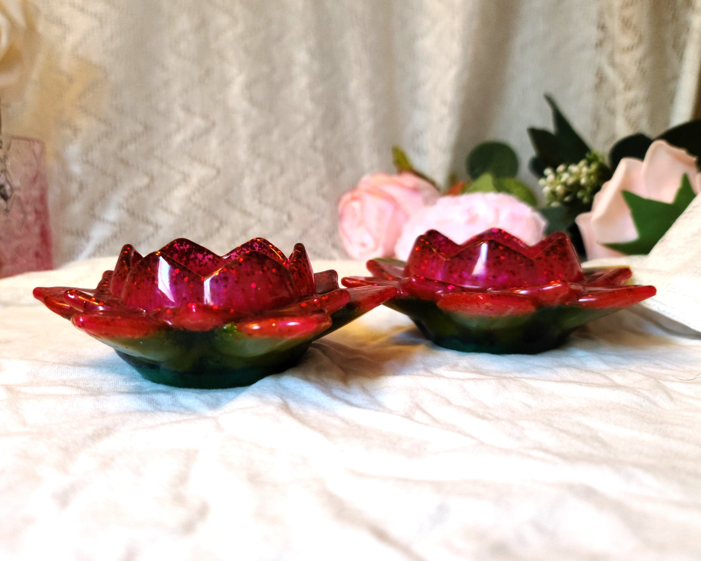 Red & Green Flower Candle Holders, Set of 2, Resin