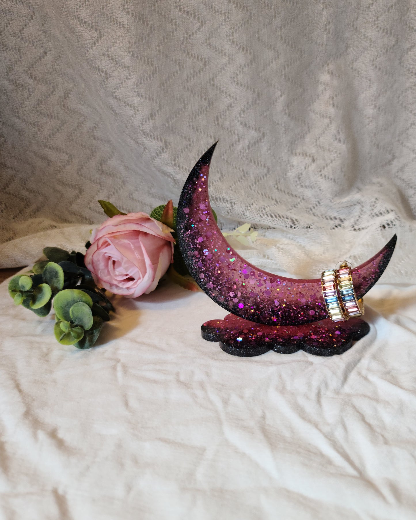 Pink & Black Crescent Moon Ring Stand, Ring Display